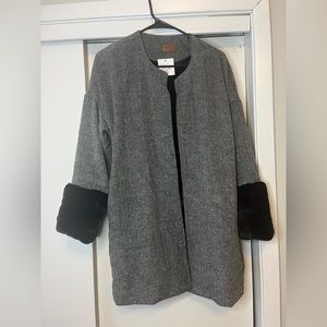 Herringbone Wool Coat with Faux Fur